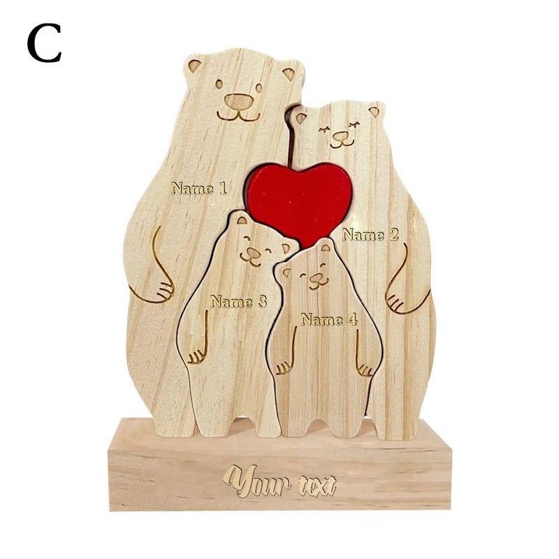 Custom-made DIY solid pine wood cute bear family building block puzzle, can be engraved with surname and name commemorative ornament.